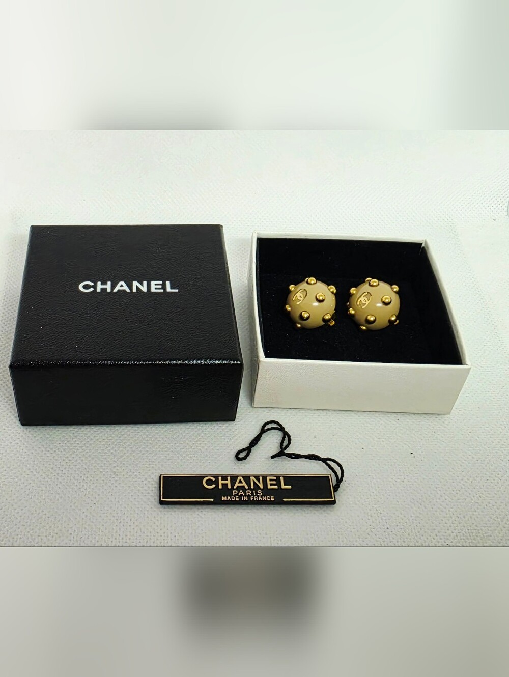 CHANEL CC Logos Studs Button Earrings Beige Gold Clip-On Earrings